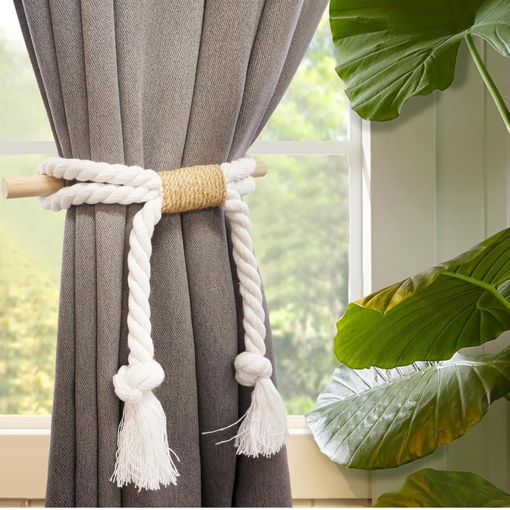 Farmhouse Boho Curtain Tiebacks with Wooden Stick, Cotton Linen Rope